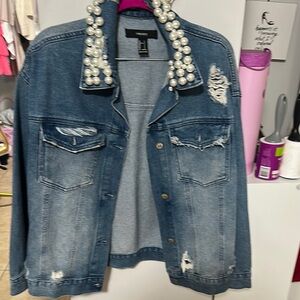 Embellished Denim Jacket with Pearl Accents
